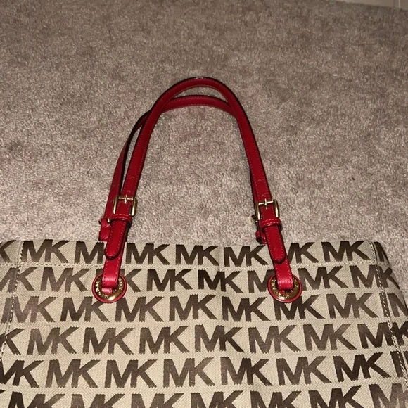 Michael Kors Signature Classic Monogram MK Tall Jet Set Tote in Brown/Tan/Red. - Picture 5 of 11